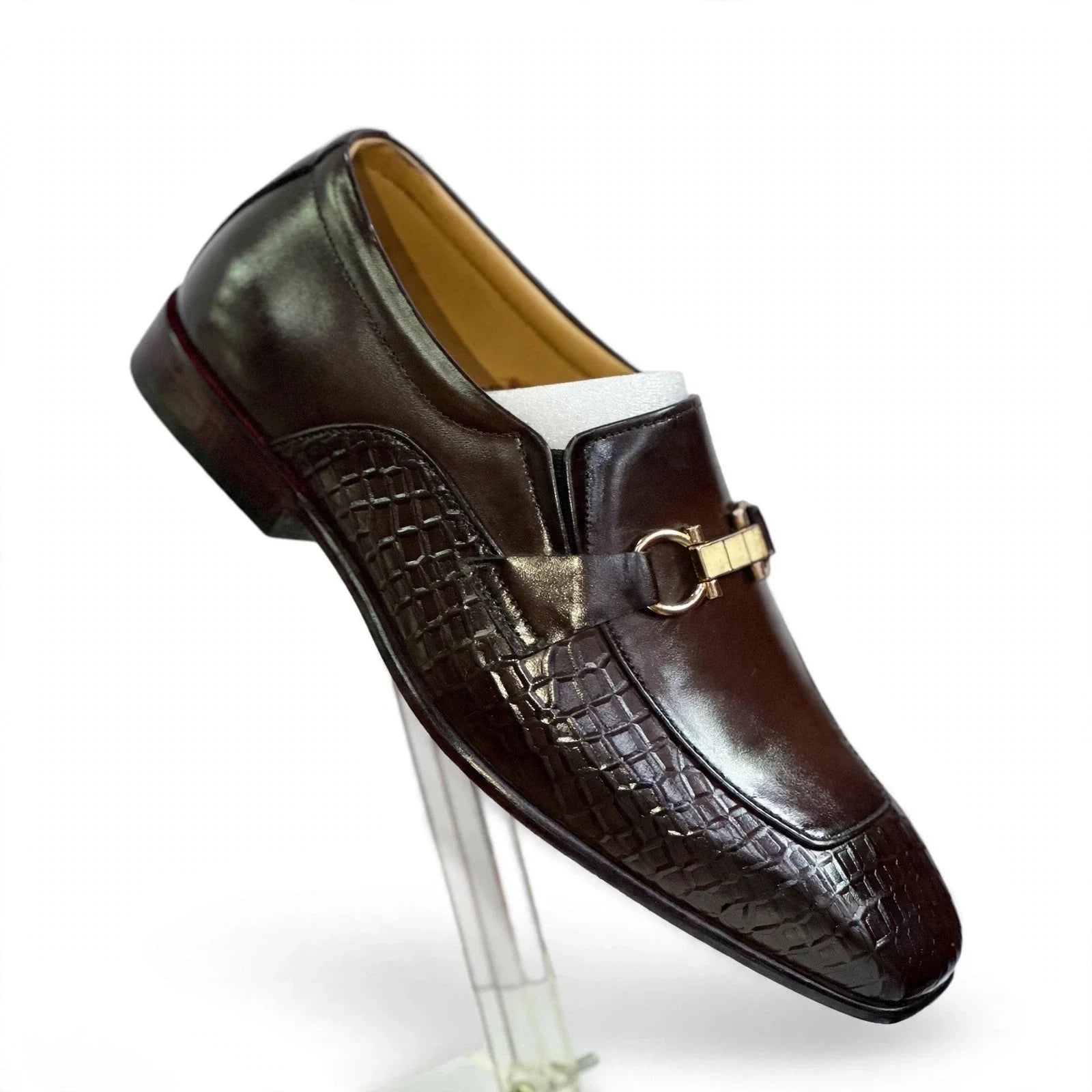 Men's Dual-Texture Leather Bit Buckle Loafers - Deep Mahogany Brown
