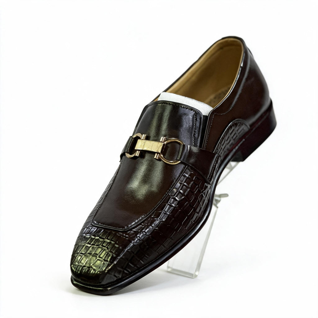 Men's Dual-Texture Leather Bit Buckle Loafers - Deep Mahogany Brown