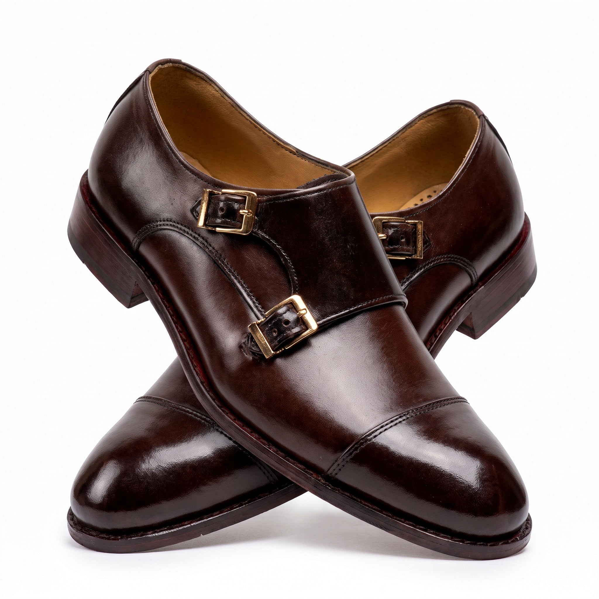 Men's Classic Leather Double Monk Strap Dress Shoes - Deep Mahogany Brown