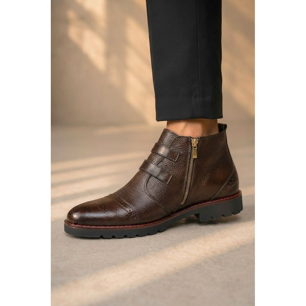 Men’s Zippered Leather Ankle Boots with Brass Stud Detail - Dark Brown - Raja Rani Shop