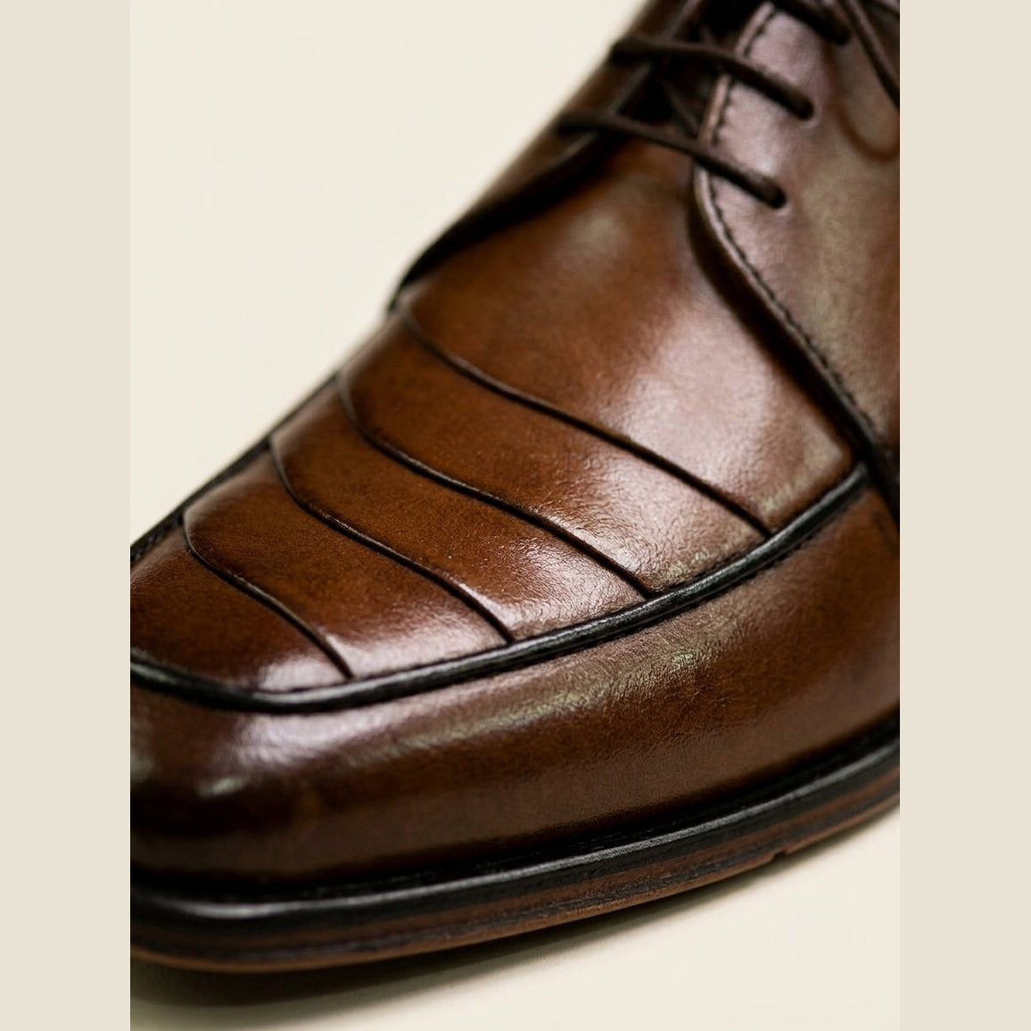 Men's Handcrafted Layered Stitch Leather Derby Shoes - Medium Tan Brown - Raja Rani Shop
