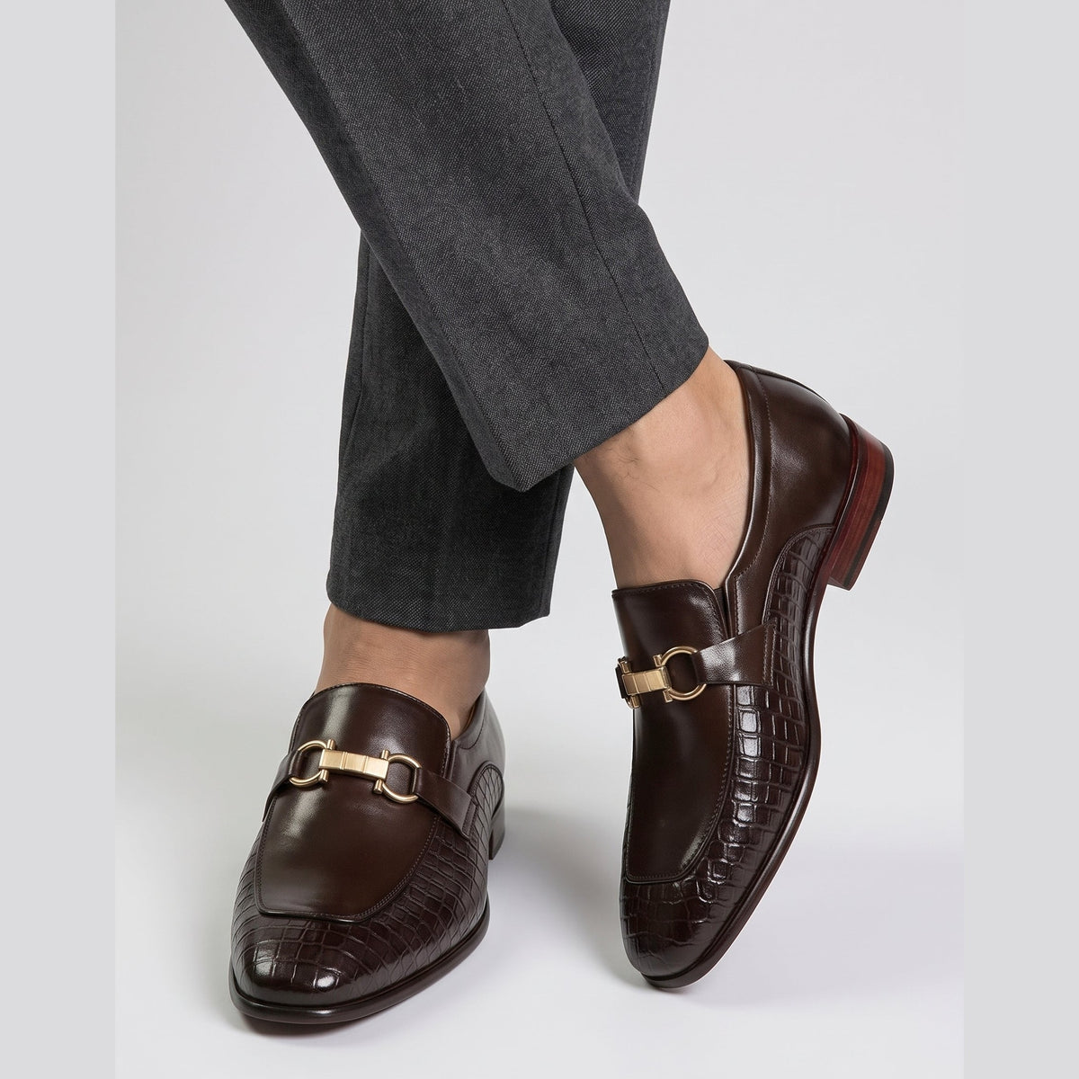 Men's Dual-Texture Leather Bit Buckle Loafers - Deep Mahogany Brown - Raja Rani Shop