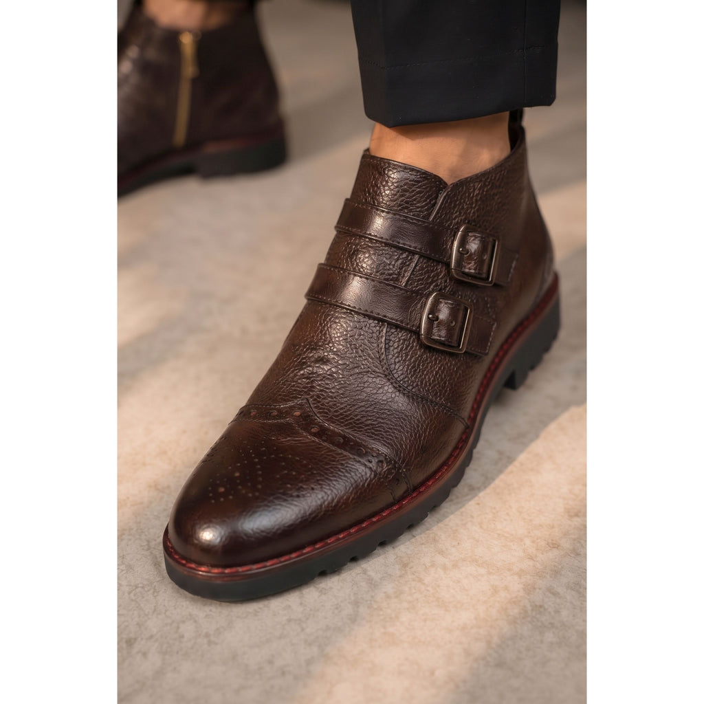Men’s Zippered Leather Ankle Boots with Brass Stud Detail - Dark Brown - Raja Rani Shop