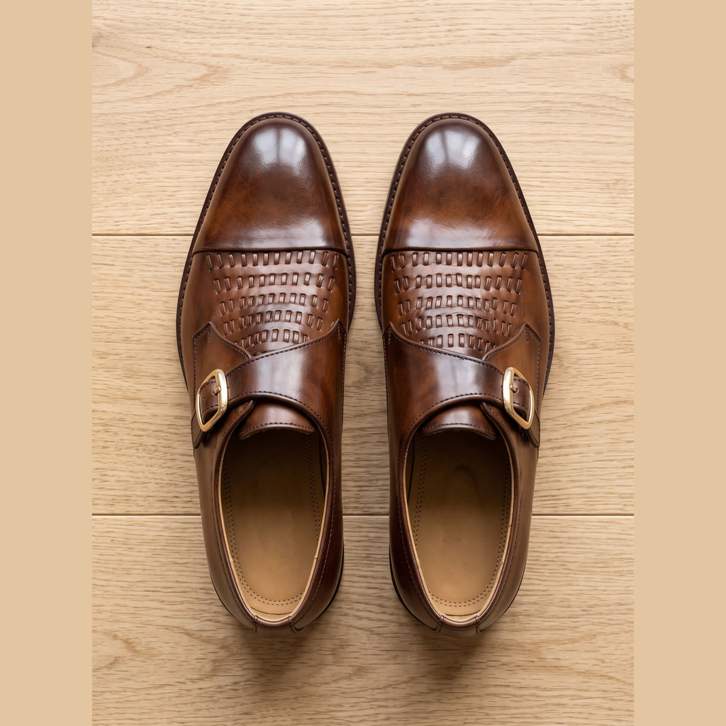 Men’s Handcrafted Woven Leather Monk Strap Shoes - Tan Brown - Raja Rani Shop