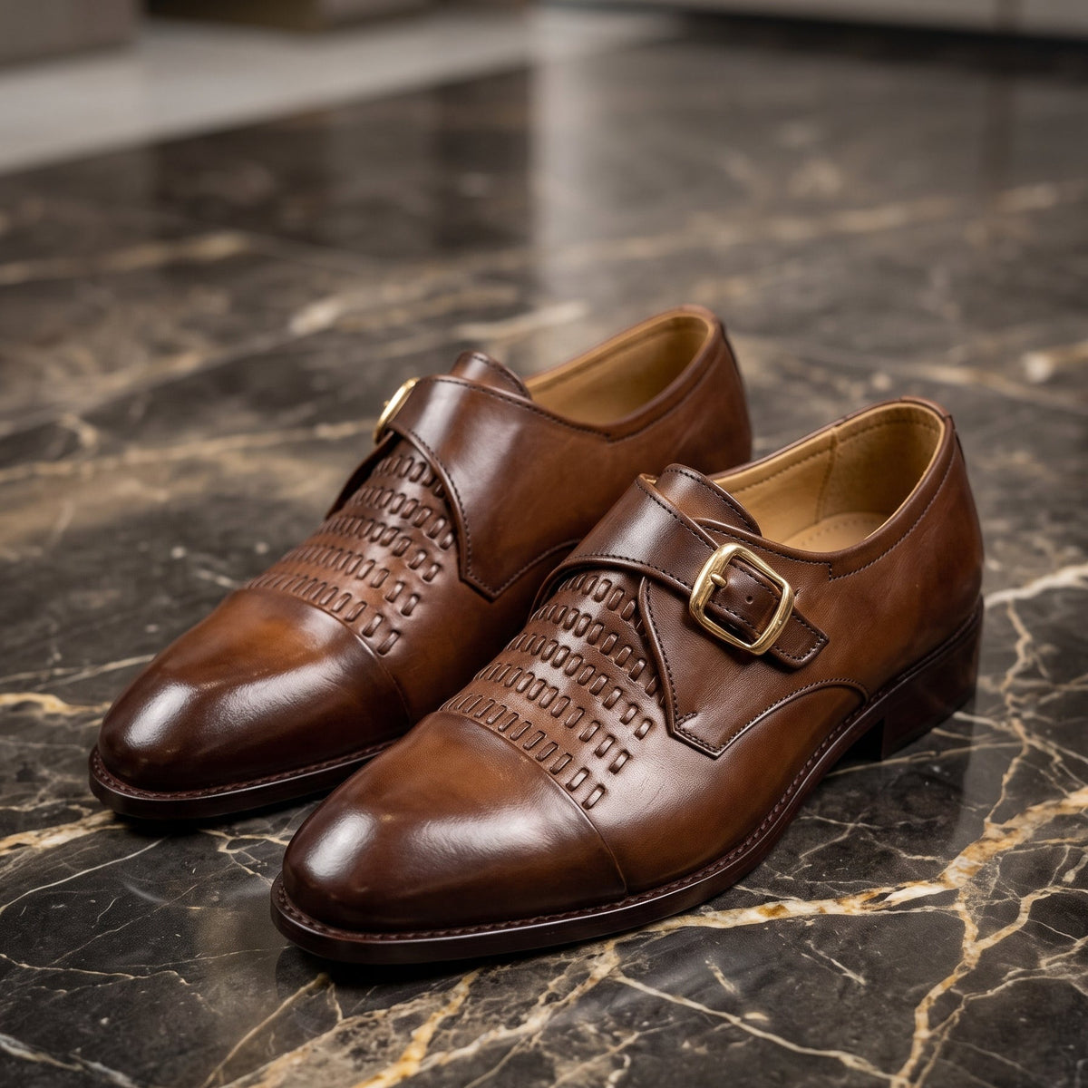 Men’s Handcrafted Woven Leather Monk Strap Shoes - Tan Brown - Raja Rani Shop