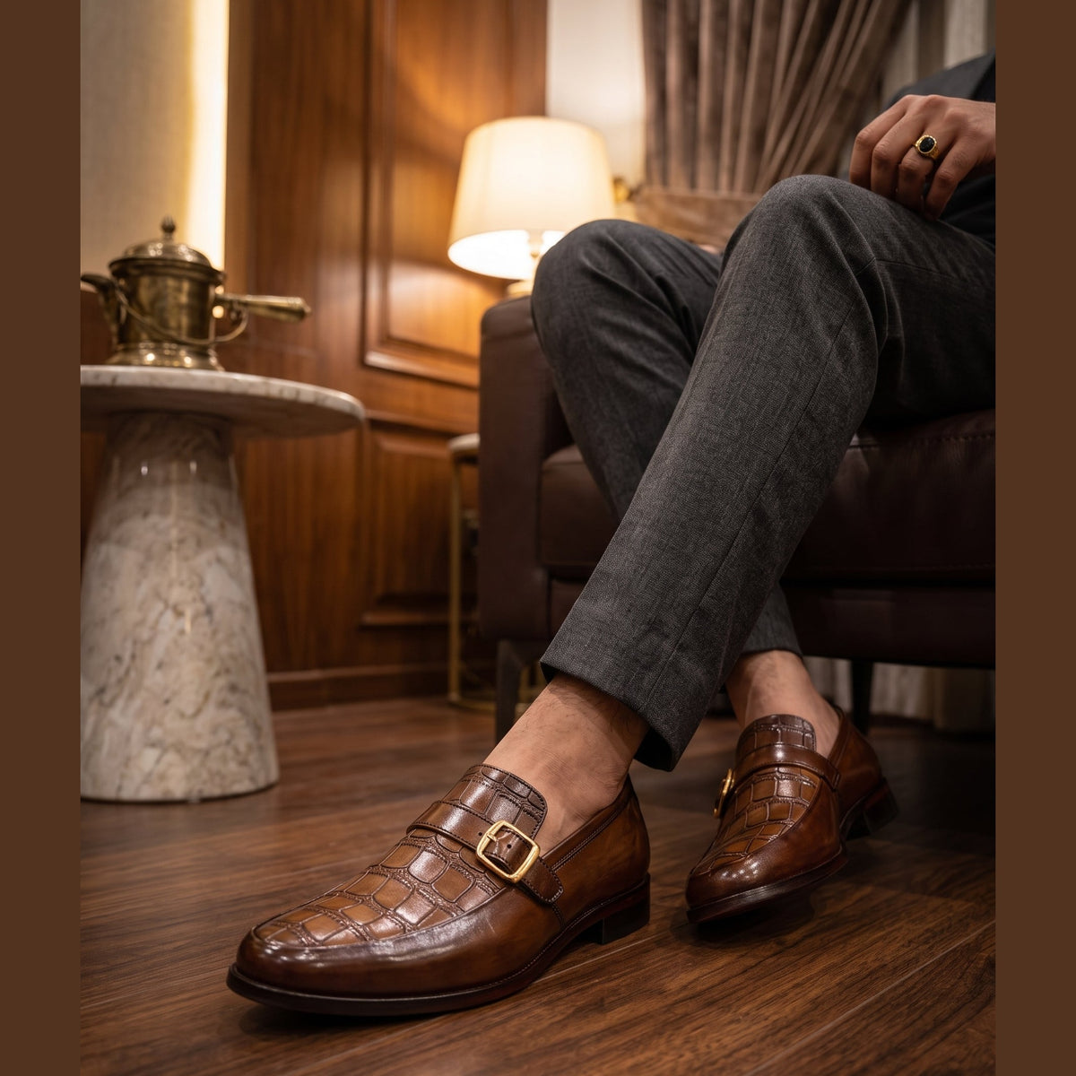 Artisanal Alligator Pattern Gold Buckle Leather Loafers - Cognac - Raja Rani Shop