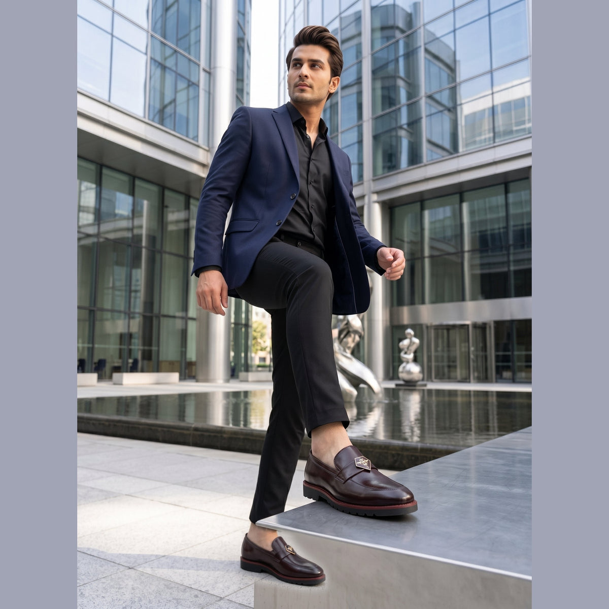 Men's Handcrafted Patent Gloss Bee Crest Lug-Sole Loafers - Deep Burgundy - Raja Rani Shop