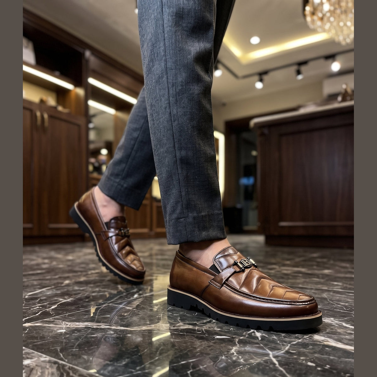 Handcrafted Chevron Stitched Bit Loafers with Lug Sole - Brown - Raja Rani Shop