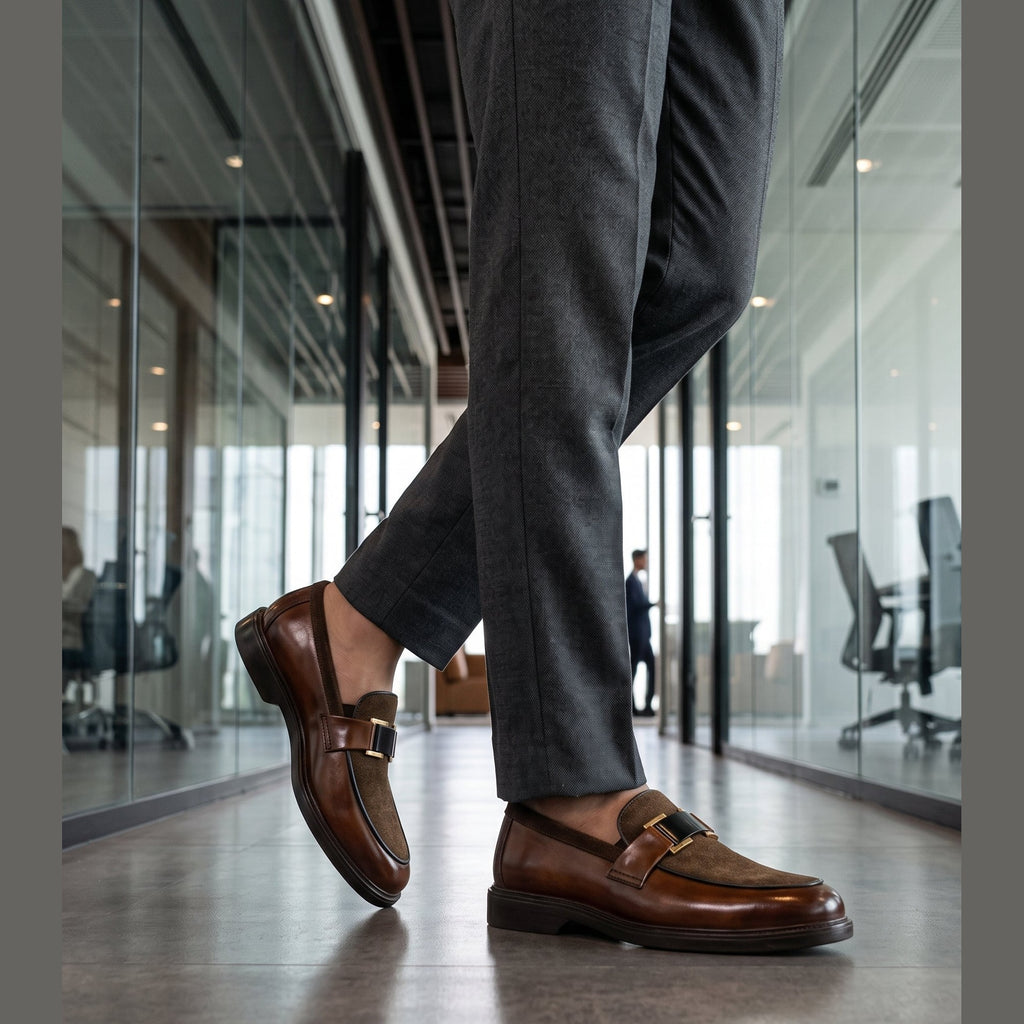 Handcrafted Dual-Texture Leather Suede Bit Loafers - Cognac Brown - Raja Rani Shop