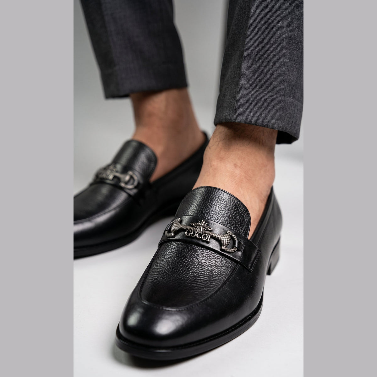 Premium Black Metallic Buckle Leather Loafers for Men - Raja Rani Shop