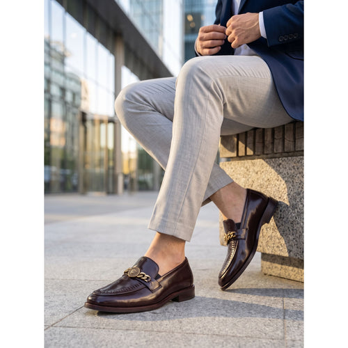 Men's Handcrafted Gold Medallion Chain Leather Loafers - Deep Burgundy / Mahogany - Raja Rani Shop