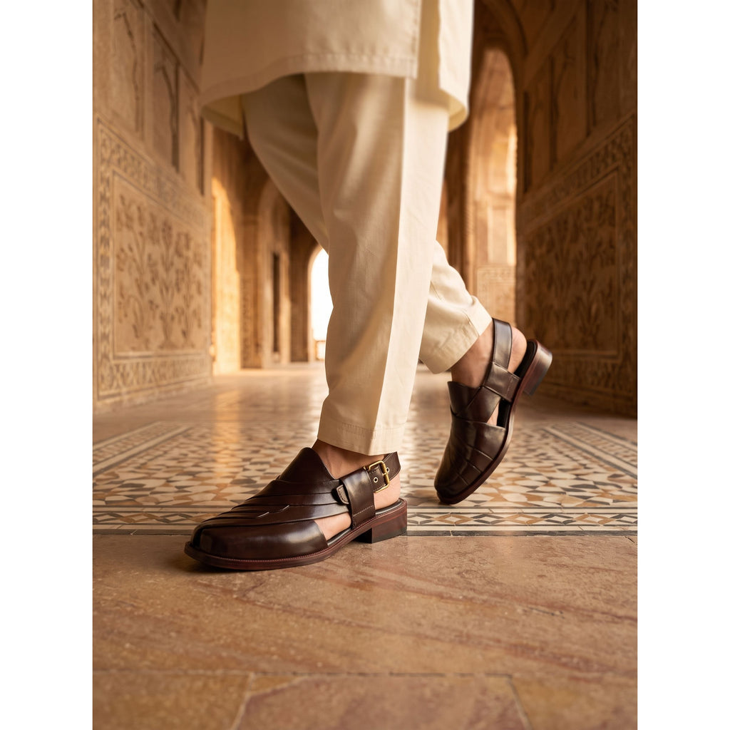 Handcrafted Leather Peshawari Chappal - Dark Mahogany Brown - Raja Rani Shop