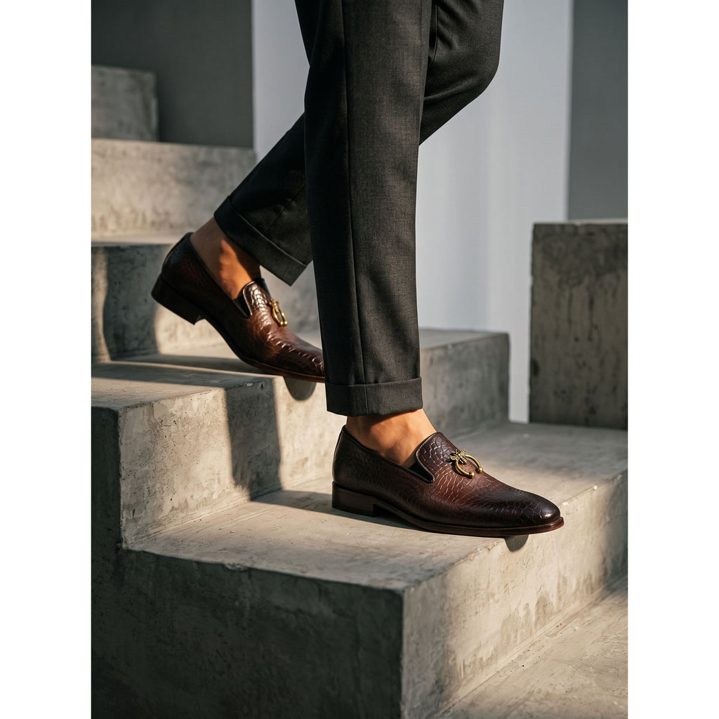 Men's Croc-Embossed Leather Bee Ring Loafers - Deep Dark Brown - Raja Rani Shop