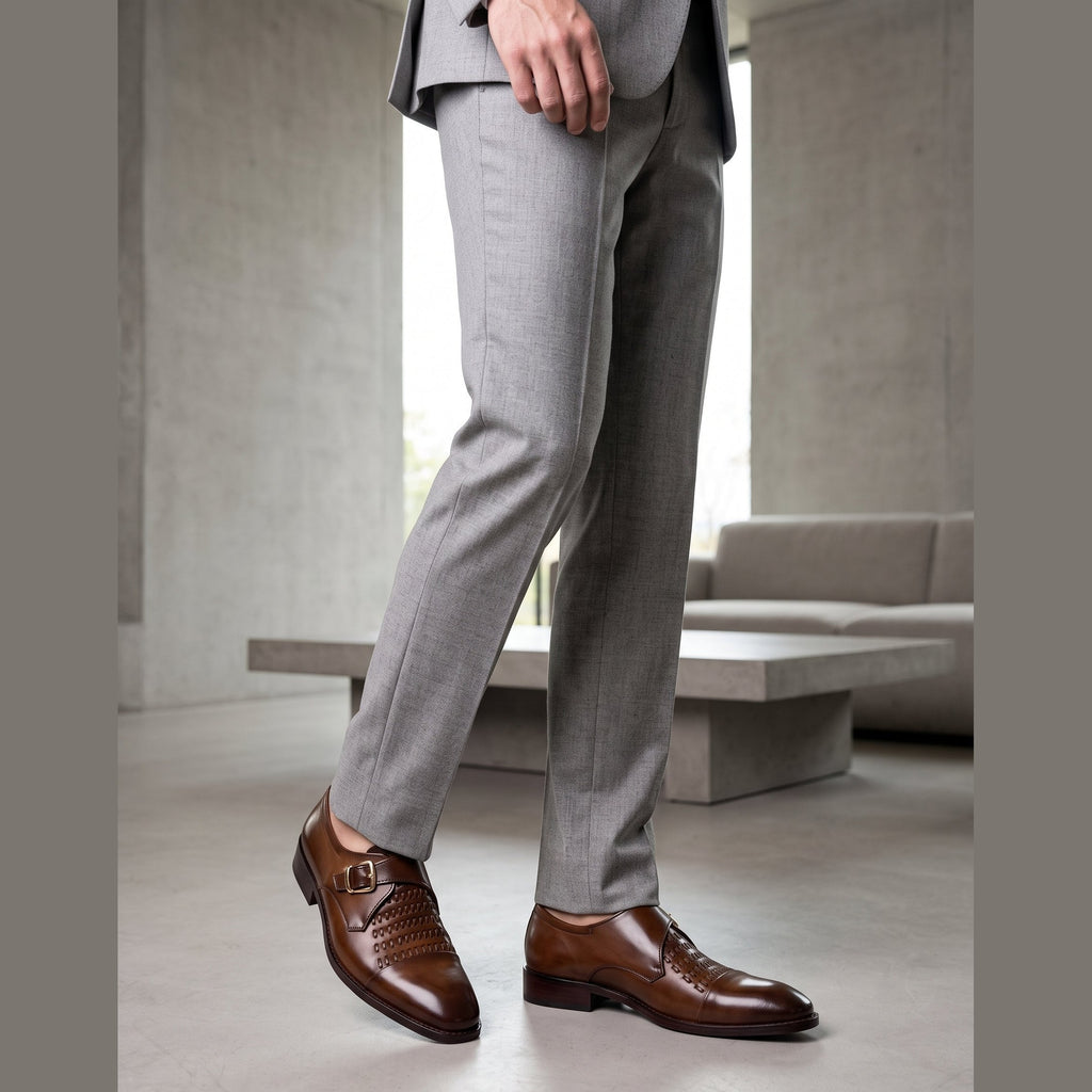 Men’s Handcrafted Woven Leather Monk Strap Shoes - Tan Brown - Raja Rani Shop