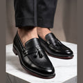 Men's Textured Genuine Leather Tassel Loafers - Classic Black - Raja Rani Shop
