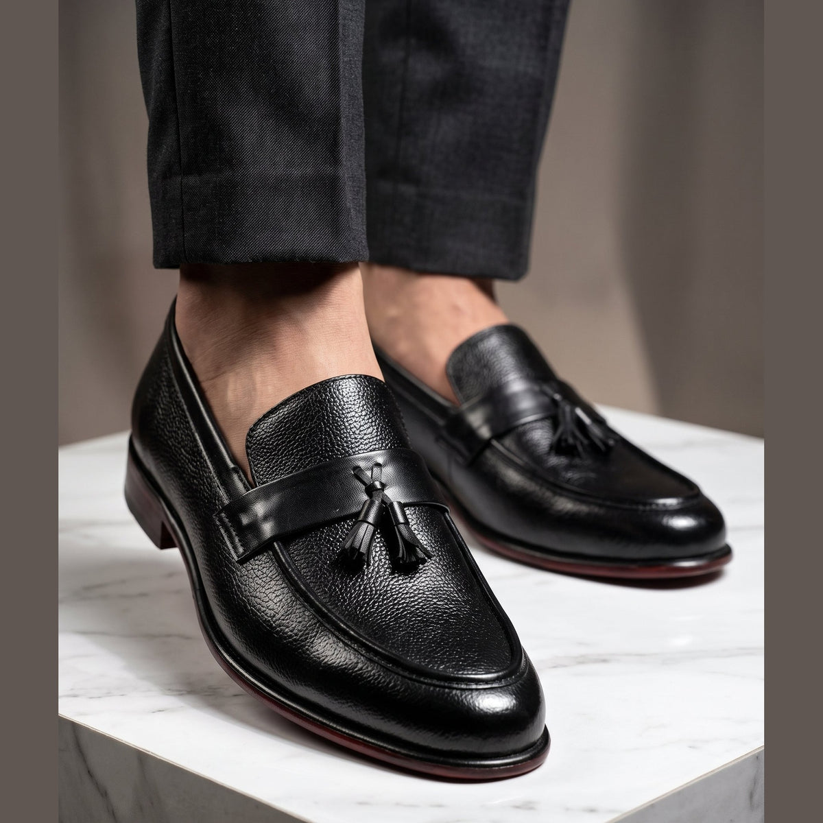 Men's Textured Genuine Leather Tassel Loafers - Classic Black - Raja Rani Shop