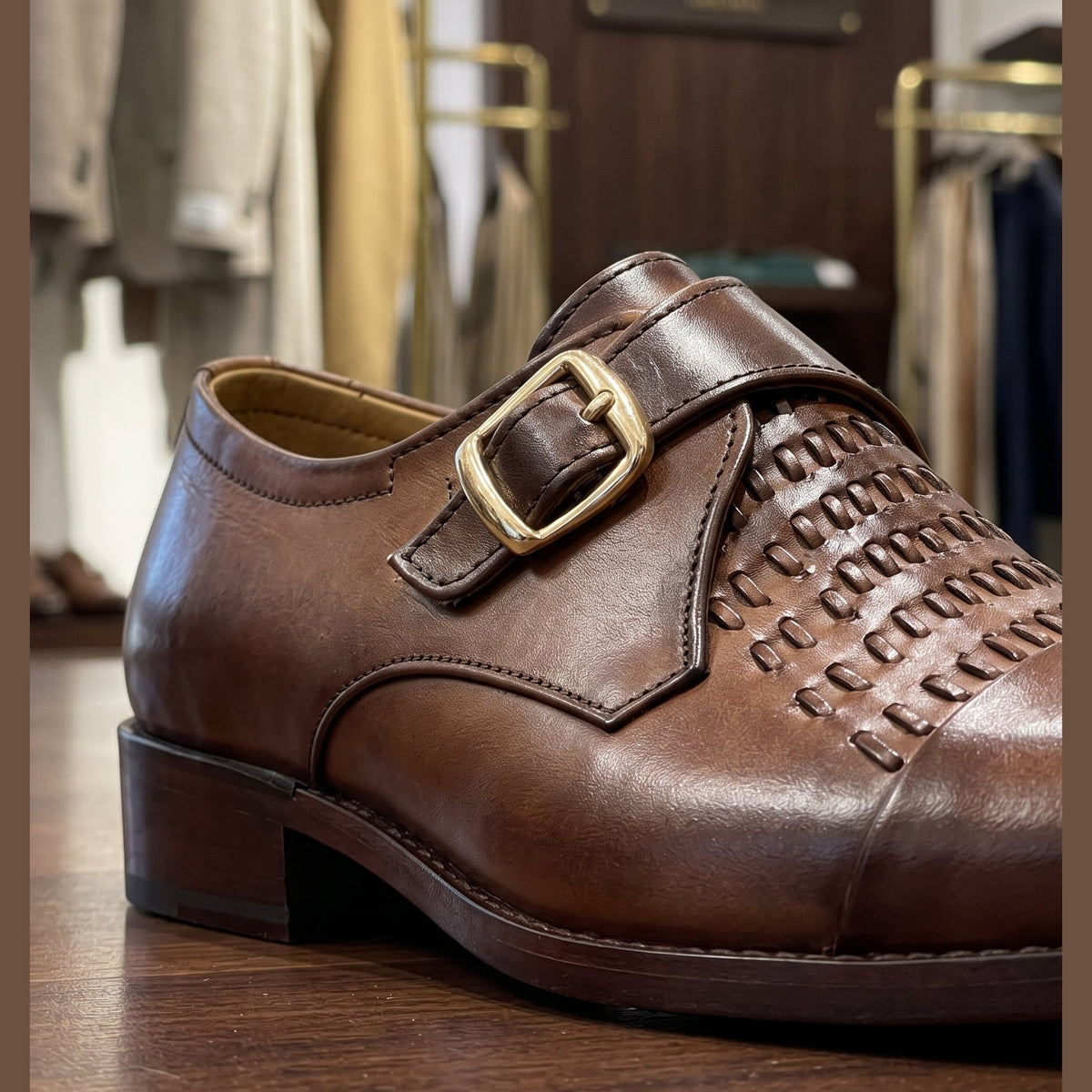 Men’s Handcrafted Woven Leather Monk Strap Shoes - Tan Brown - Raja Rani Shop