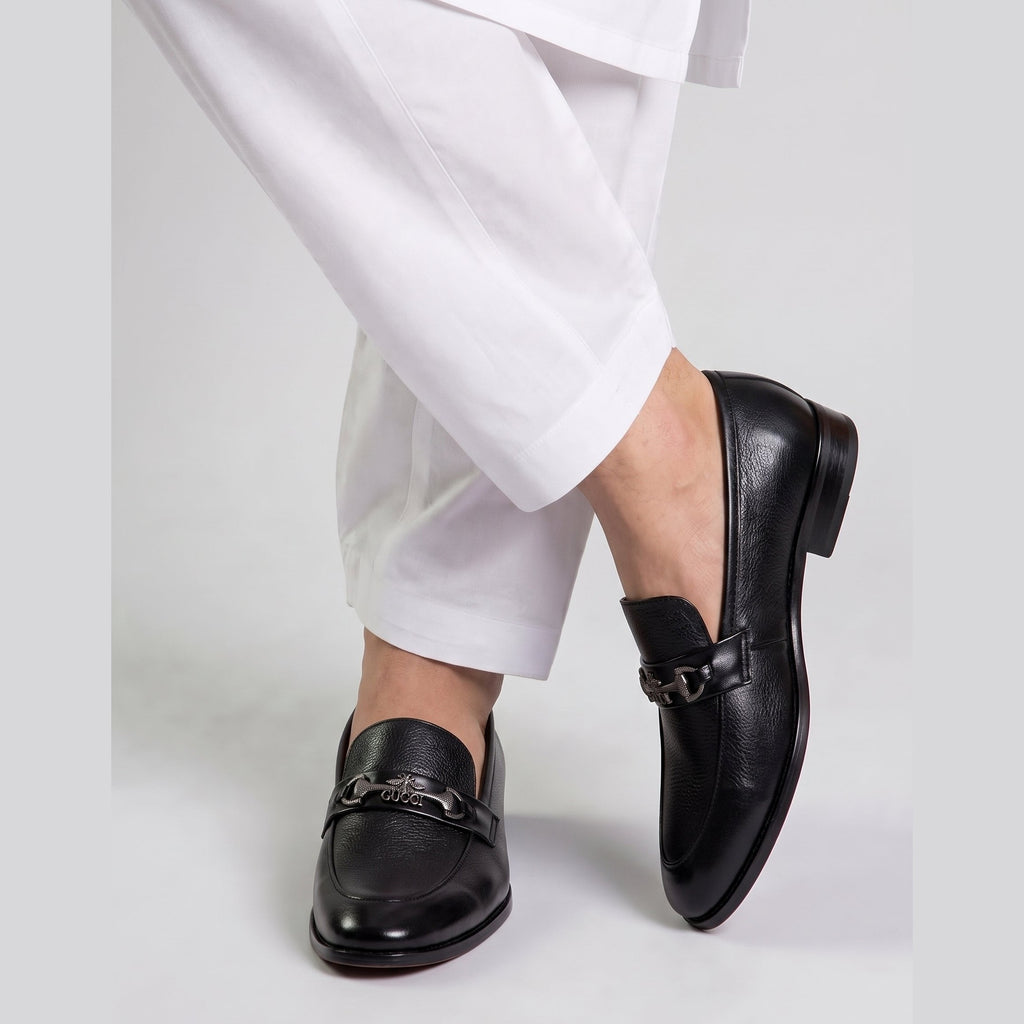 Premium Black Metallic Buckle Leather Loafers for Men - Raja Rani Shop