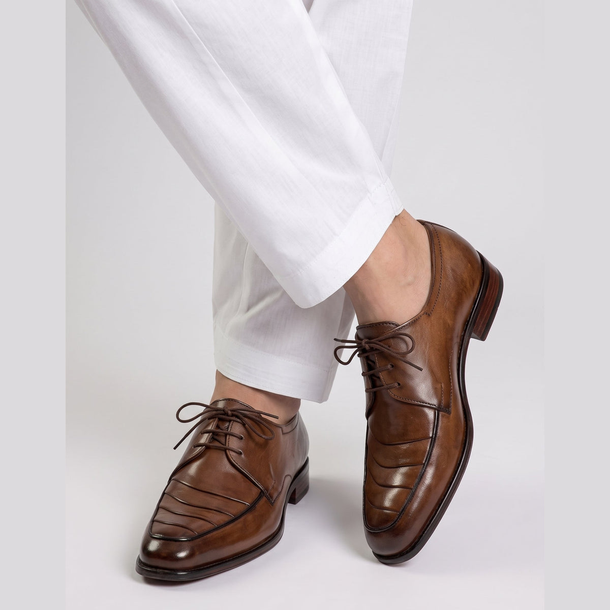 Men's Handcrafted Layered Stitch Leather Derby Shoes - Medium Tan Brown - Raja Rani Shop