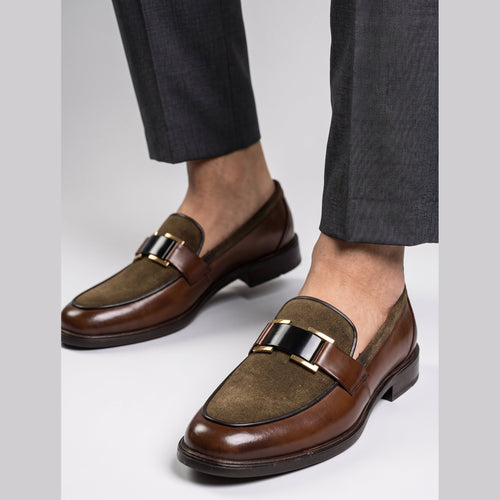 Handcrafted Dual-Texture Leather Suede Bit Loafers - Cognac Brown - Raja Rani Shop