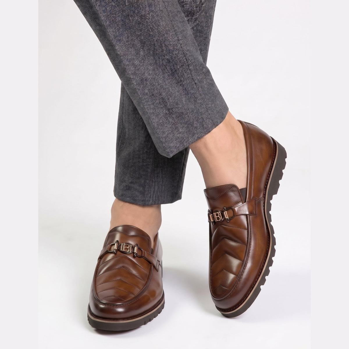 Handcrafted Chevron Stitched Bit Loafers with Lug Sole - Brown - Raja Rani Shop