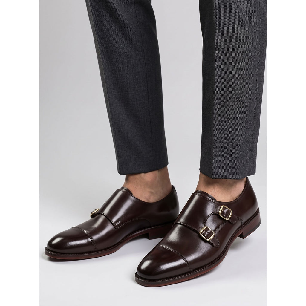 Men's Classic Leather Double Monk Strap Dress Shoes - Deep Mahogany Brown - Raja Rani Shop