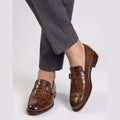 Artisanal Alligator Pattern Gold Buckle Leather Loafers - Cognac - Raja Rani Shop