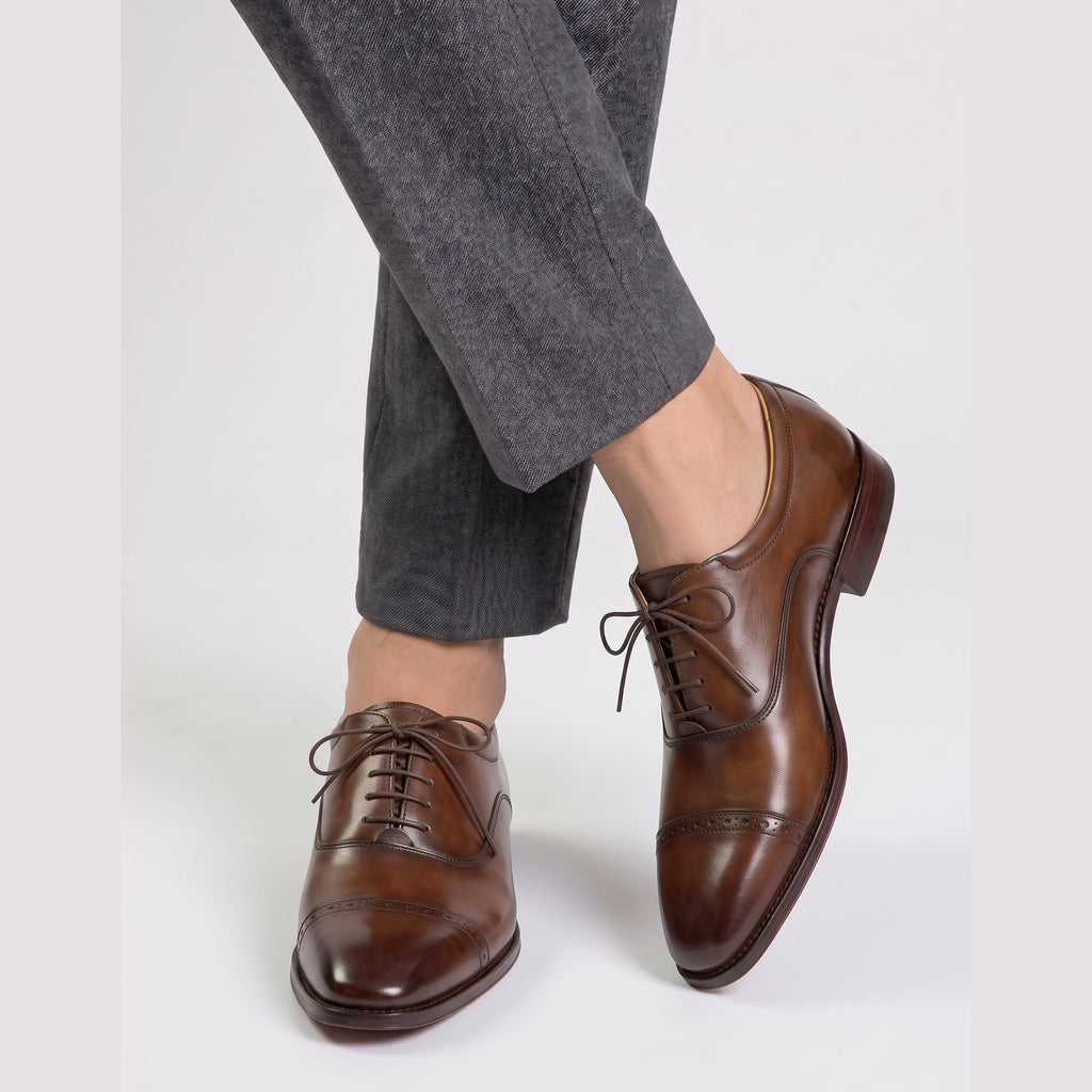 Executive Two-Tone Leather Cap-Toe Formal Oxfords - Espresso Brown - Raja Rani Shop