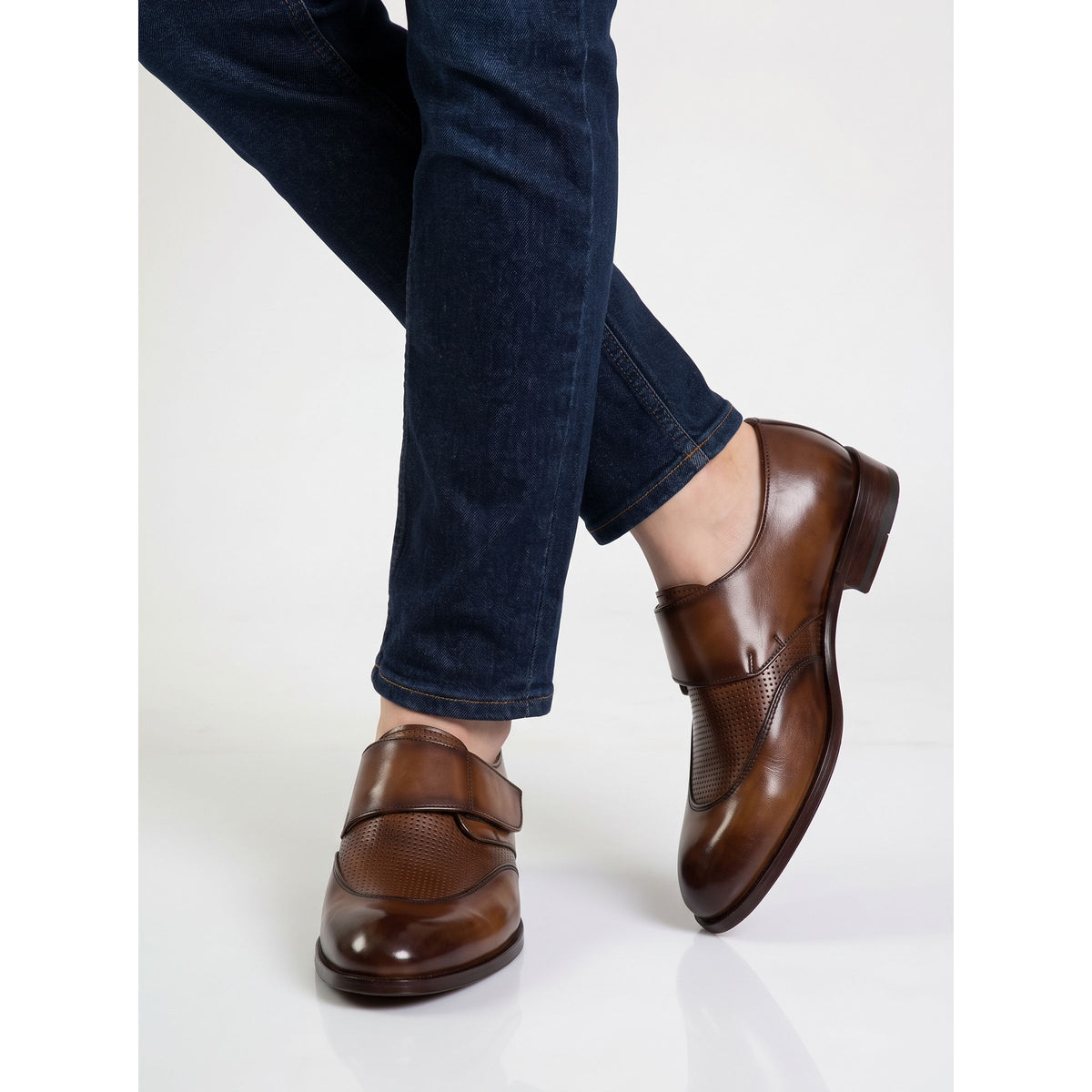 Men's Handcrafted Perforated Leather Monk Strap Loafers - Tan Brown - Raja Rani Shop