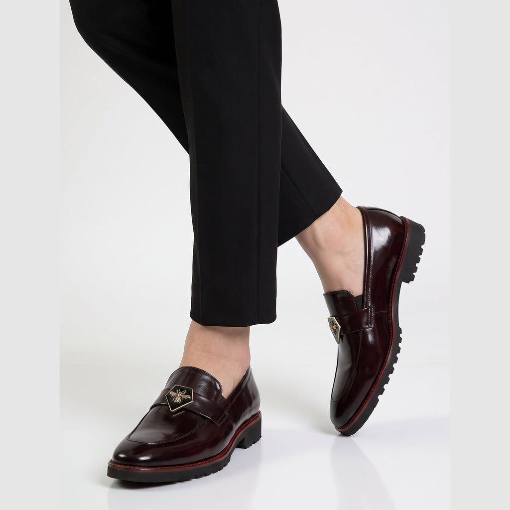 Men's Handcrafted Patent Gloss Bee Crest Lug-Sole Loafers - Deep Burgundy - Raja Rani Shop