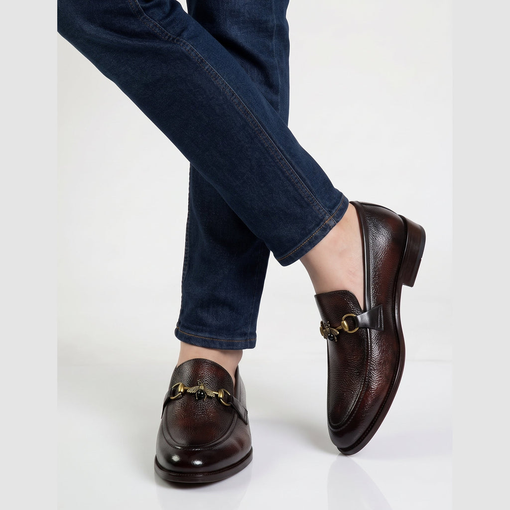 Men's Handcrafted Textured Leather Bee Buckle Loafers - Deep Mahogany Brown - Raja Rani Shop