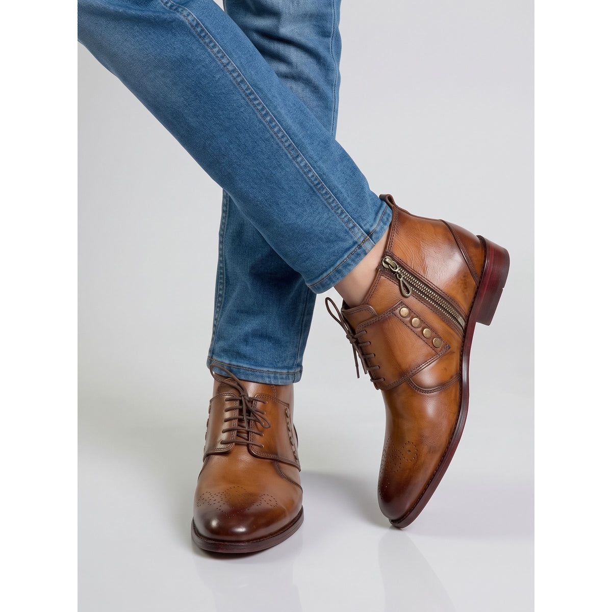 Men’s Handcrafted Burnished Leather Lace-Up Ankle Boots - Tan Brown - Raja Rani Shop
