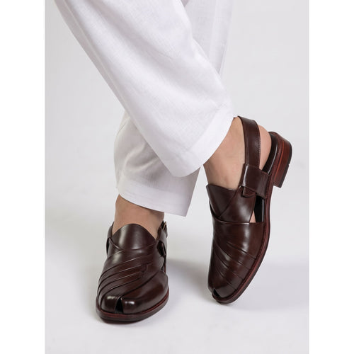 Handcrafted Leather Peshawari Chappal - Dark Mahogany Brown - Raja Rani Shop