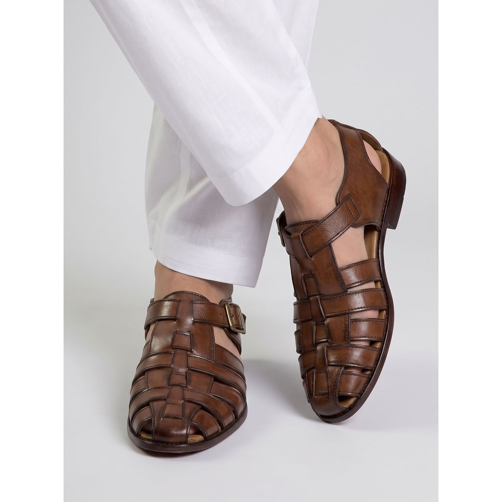 Men's Handcrafted Woven Leather Fisherman Sandals - Burnished Tan - Raja Rani Shop