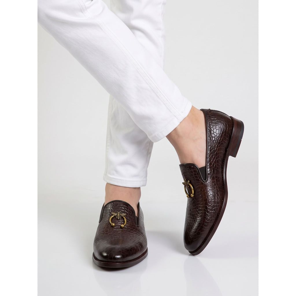 Men's Croc-Embossed Leather Bee Ring Loafers - Deep Dark Brown - Raja Rani Shop