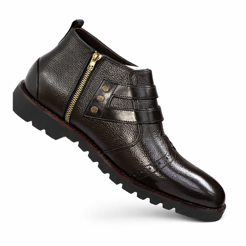 Men’s Zippered Leather Ankle Boots with Brass Stud Detail - Dark Brown