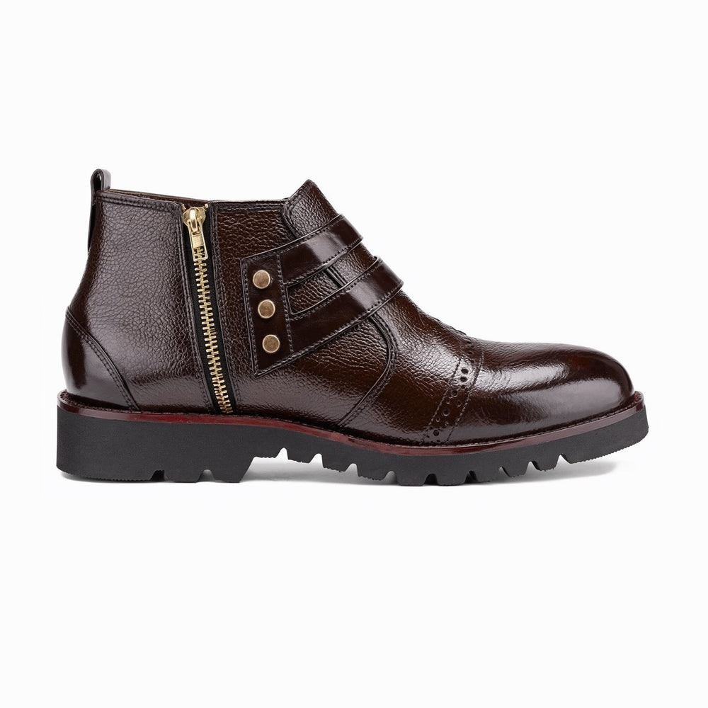 Men’s Zippered Leather Ankle Boots with Brass Stud Detail - Dark Brown