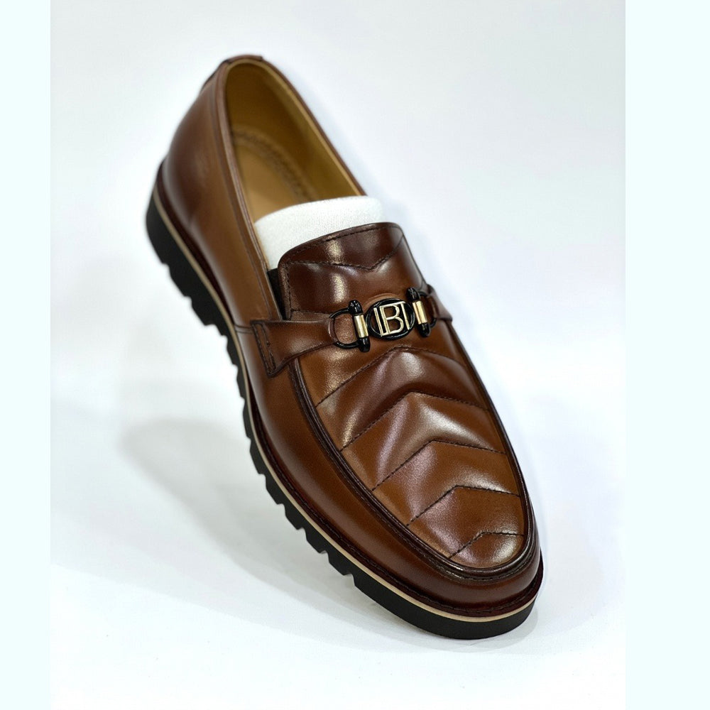 Handcrafted Chevron Stitched Bit Loafers with Lug Sole - Brown