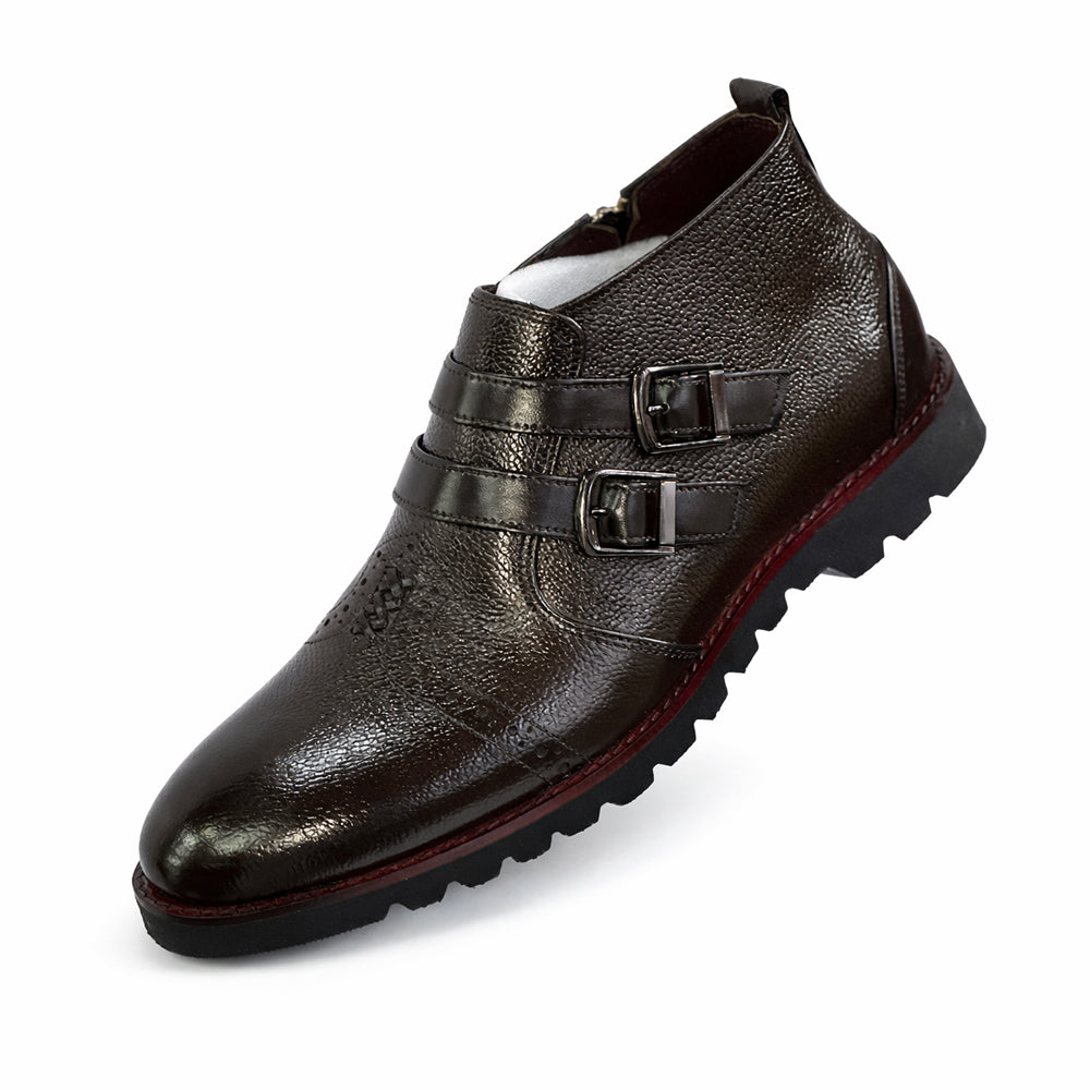 Men’s Zippered Leather Ankle Boots with Brass Stud Detail - Dark Brown