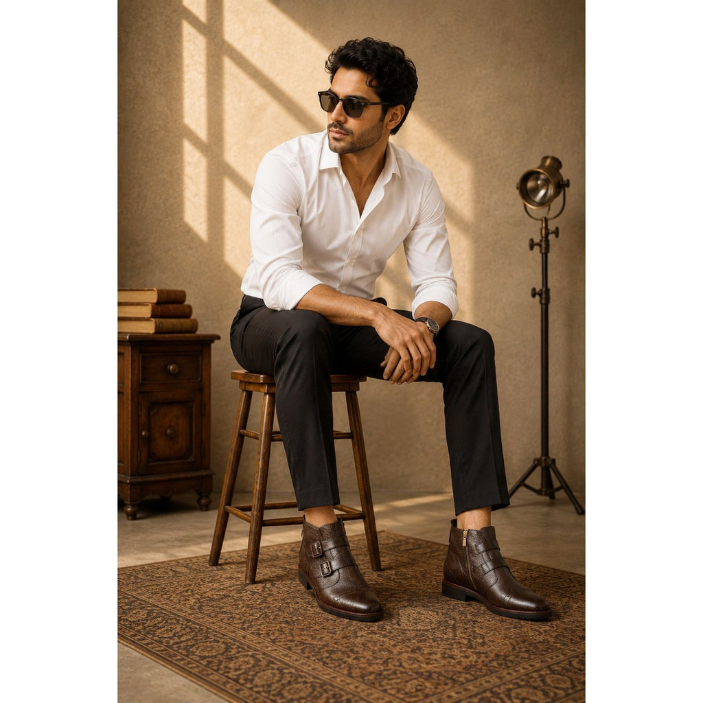 Men’s Zippered Leather Ankle Boots with Brass Stud Detail - Dark Brown - Raja Rani Shop