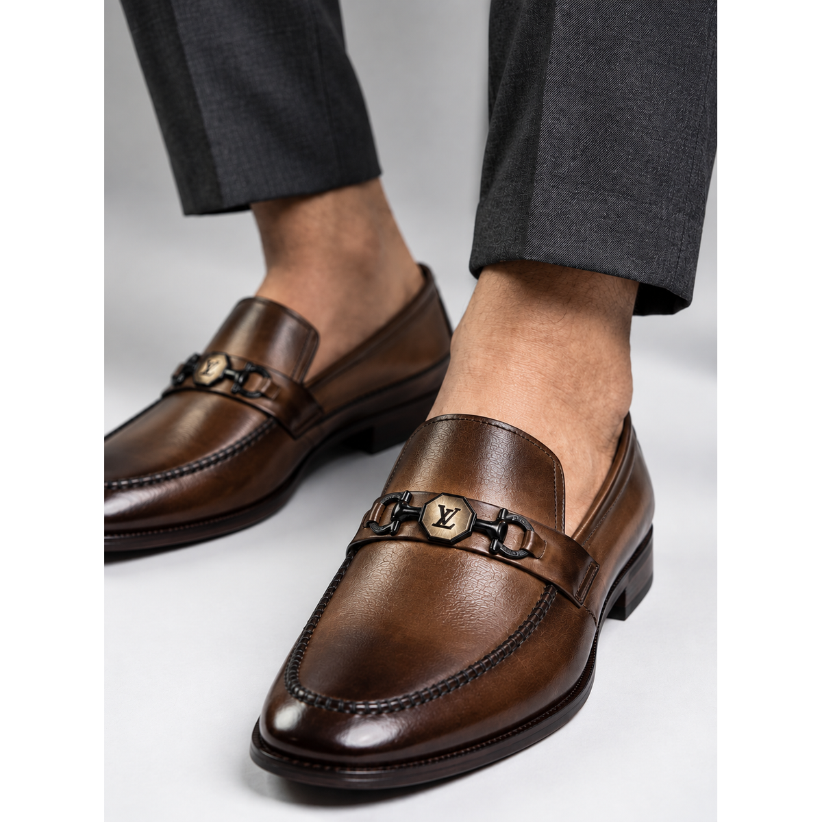Executive Two-Tone Leather Horsebit Slip-On Loafers - Brown - Raja Rani Shop